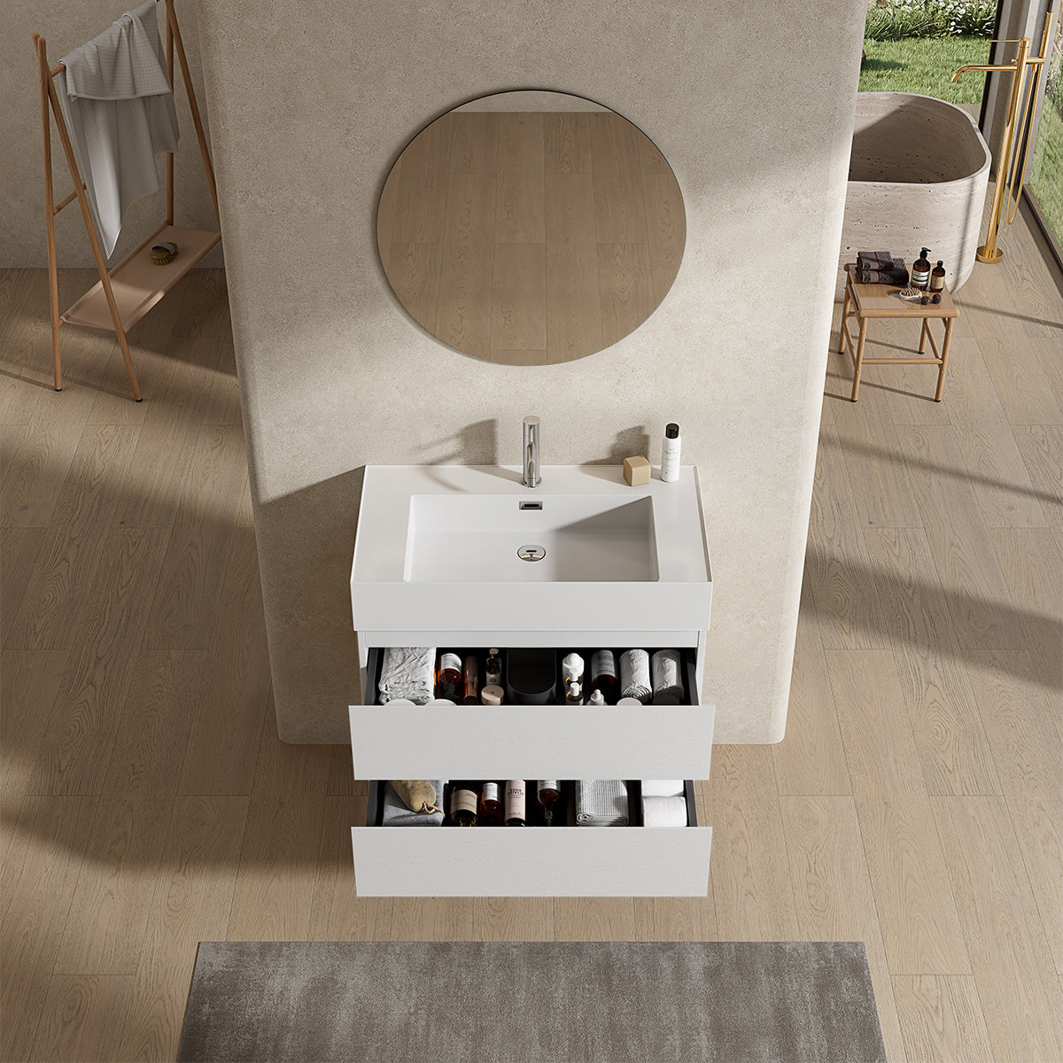 Mobile bagno sospeso 80 cm Bianco Lavabo in Resina Specchio Tondo - Fiji Wood