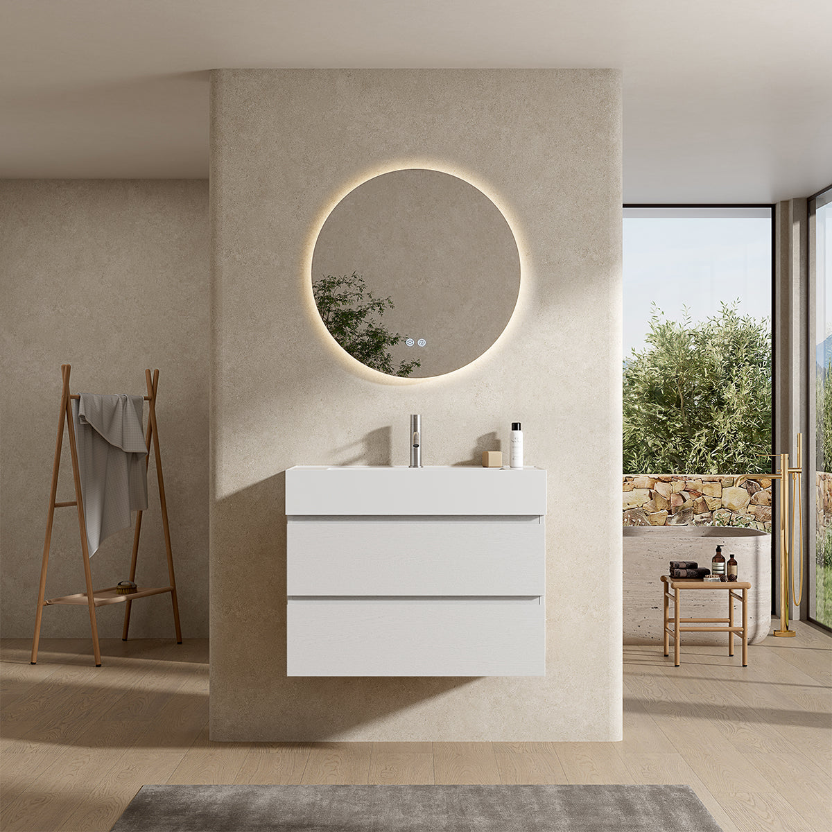 Mobile bagno sospeso 80 cm Bianco Lavabo in Resina Specchio Tondo Retroilluminato - Fiji Wood