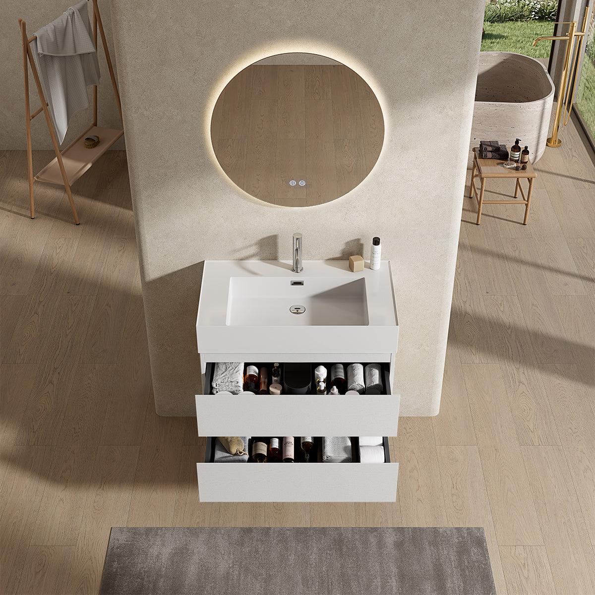 Mobile bagno sospeso 80 cm Bianco Lavabo in Resina Specchio Tondo Retroilluminato - Fiji Wood