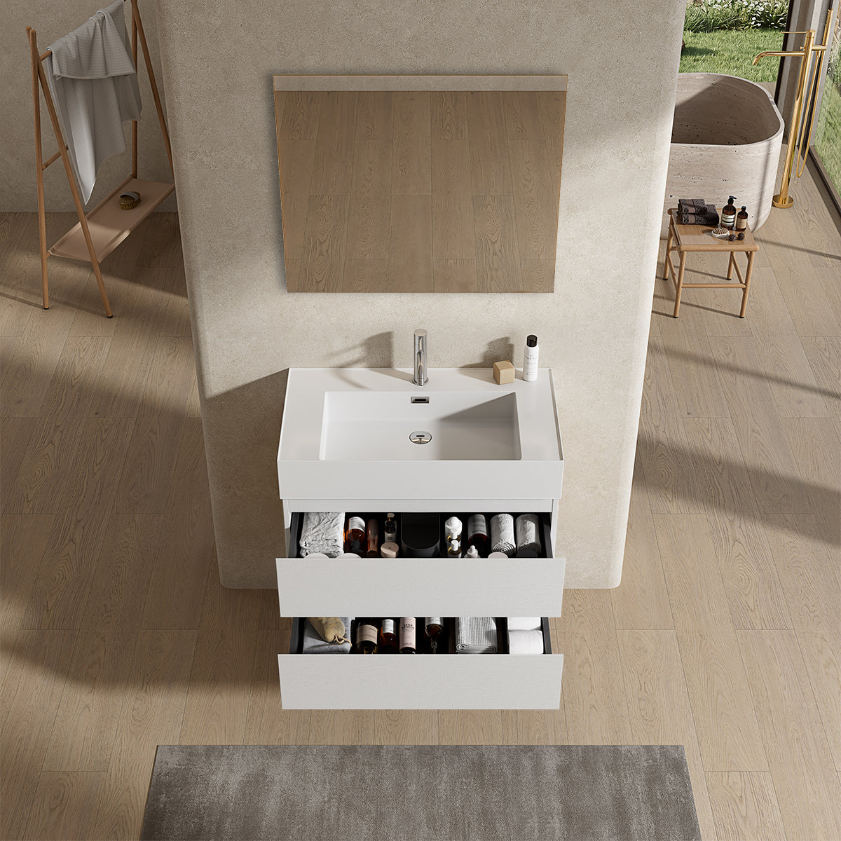 Mobile bagno sospeso 80 cm Bianco Lavabo in Resina Specchio Quadro - Fiji Wood