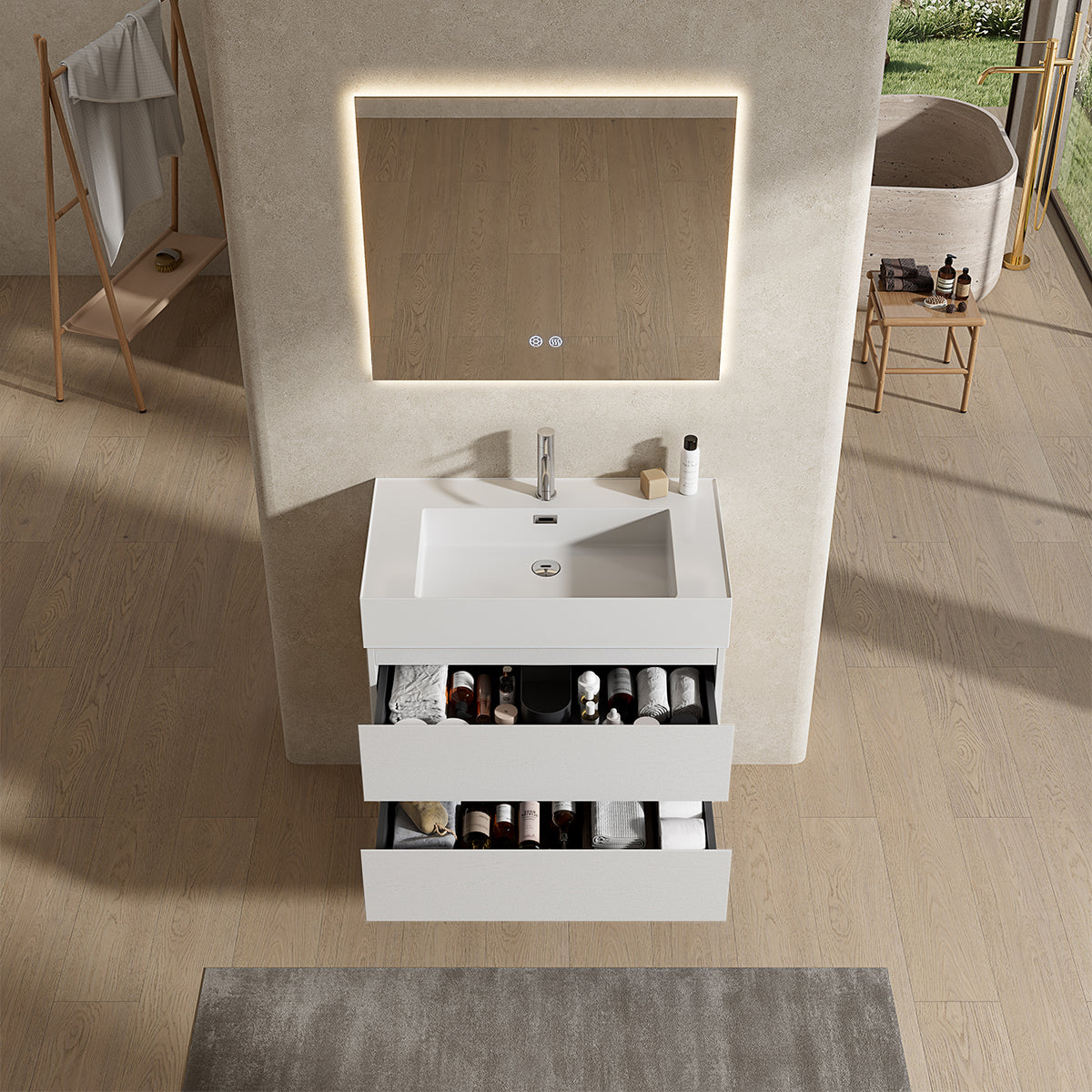 Mobile bagno sospeso 80 cm Bianco Lavabo in Resina Specchio Quadro Retroilluminato - Fiji Wood