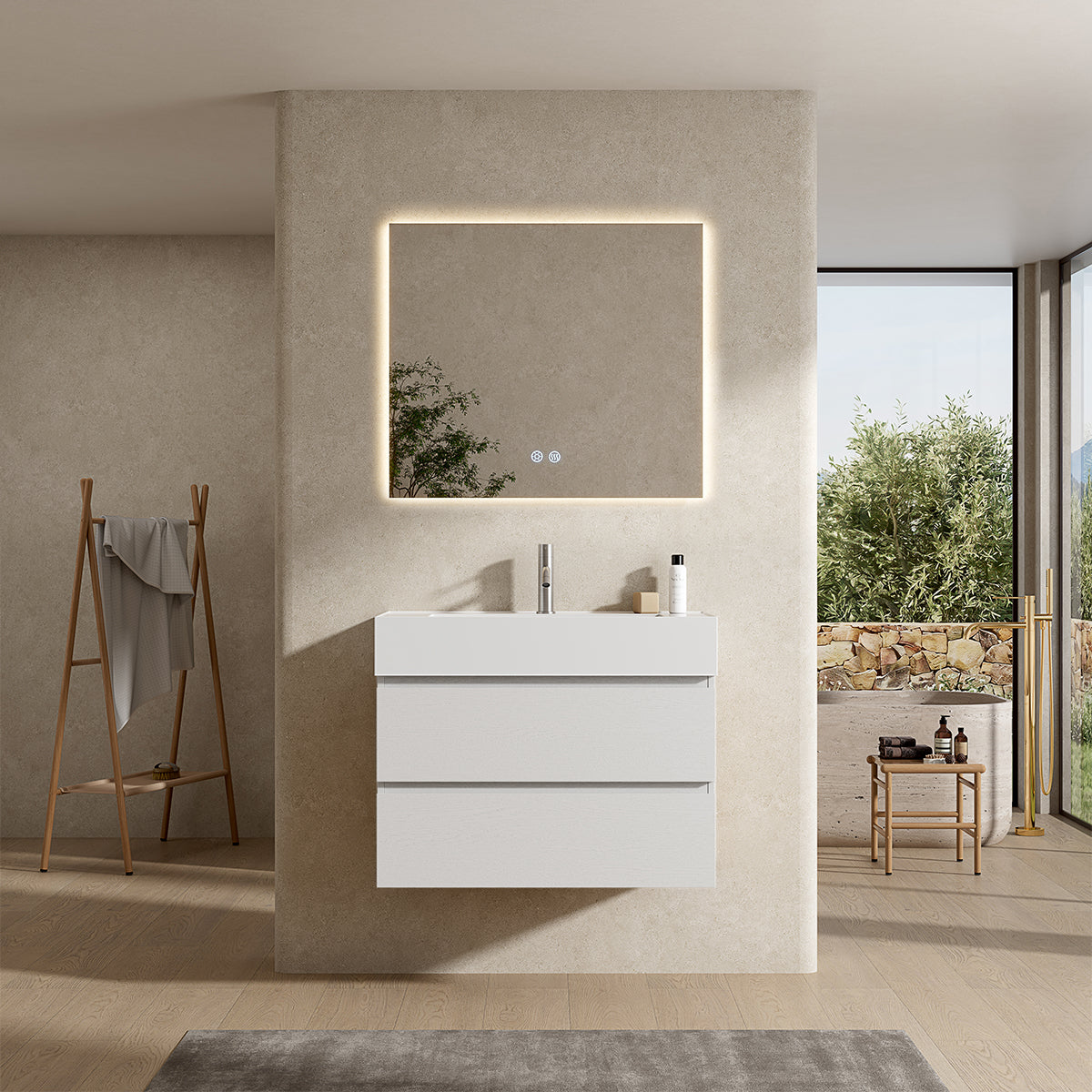 Mobile bagno sospeso 80 cm Bianco Lavabo in Resina Specchio Quadro Retroilluminato - Fiji Wood