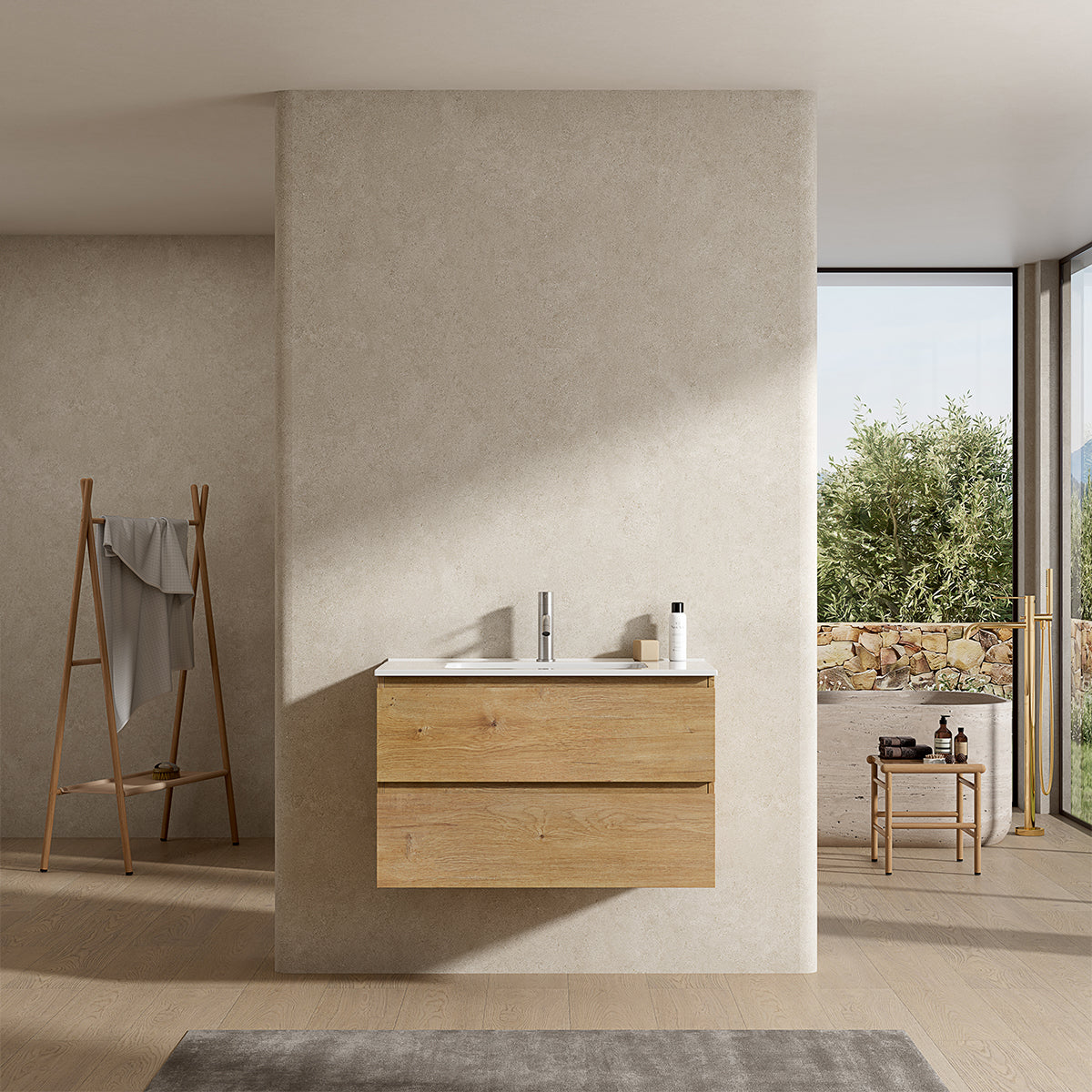 Mobile bagno sospeso 80 cm Bruno Medio Lavabo in Ceramica Senza Specchio - Fiji Wood