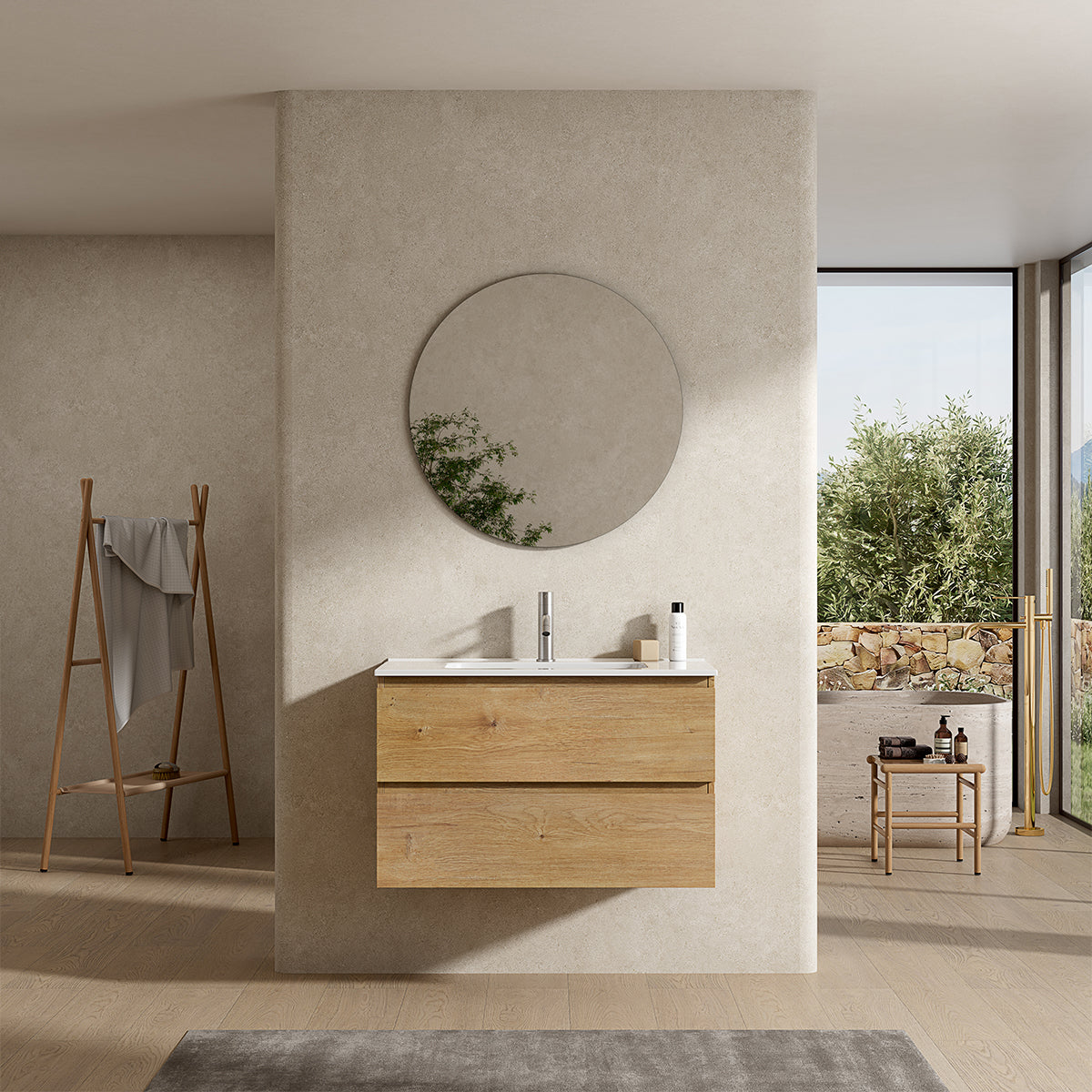 Mobile bagno sospeso 80 cm Bruno Medio Lavabo in Ceramica Specchio Tondo - Fiji Wood