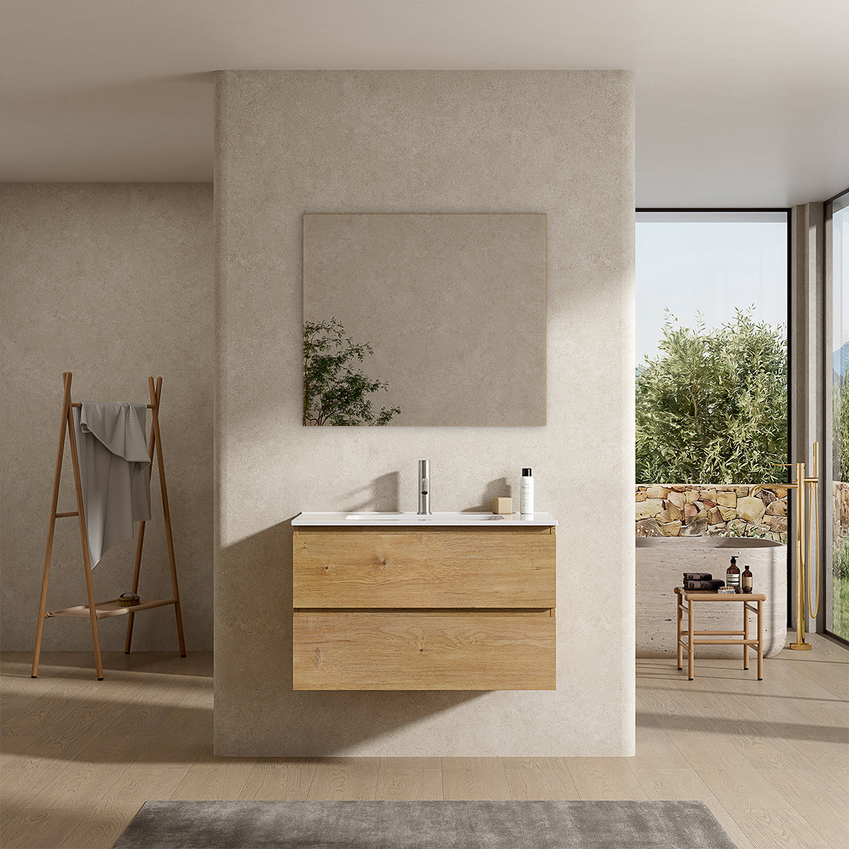 Mobile bagno sospeso 80 cm Bruno Medio Lavabo in Ceramica Specchio Quadro - Fiji Wood