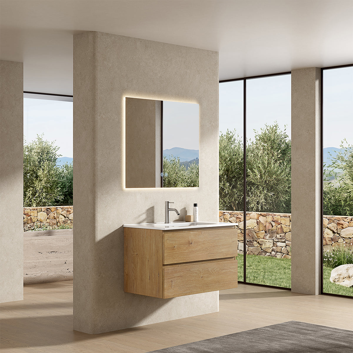 Mobile bagno sospeso 80 cm Bruno Medio Lavabo in Ceramica Specchio Quadro Retroilluminato - Fiji Wood