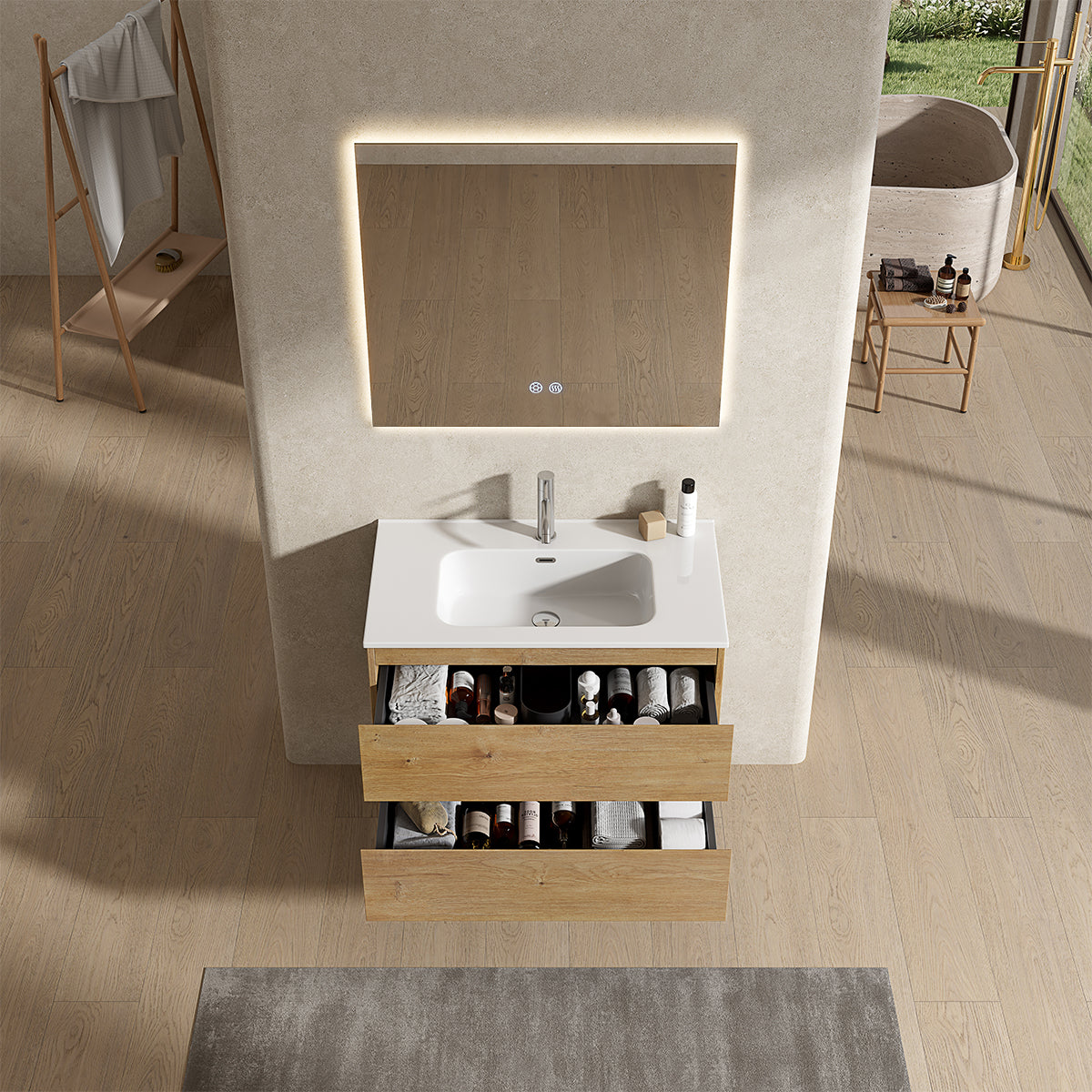 Mobile bagno sospeso 80 cm Bruno Medio Lavabo in Ceramica Specchio Quadro Retroilluminato - Fiji Wood