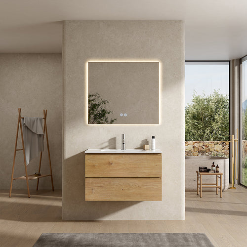 Mobile bagno sospeso 80 cm Bruno Medio Lavabo in Ceramica Specchio Quadro Retroilluminato - Fiji Wood