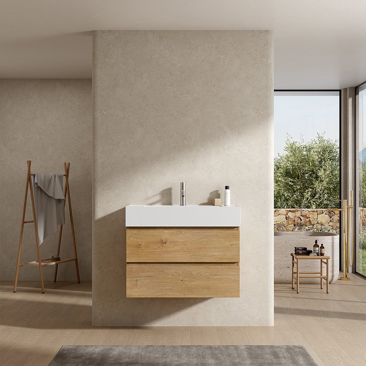 Mobile bagno sospeso 80 cm Bruno Medio Lavabo in Resina Senza Specchio - Fiji Wood