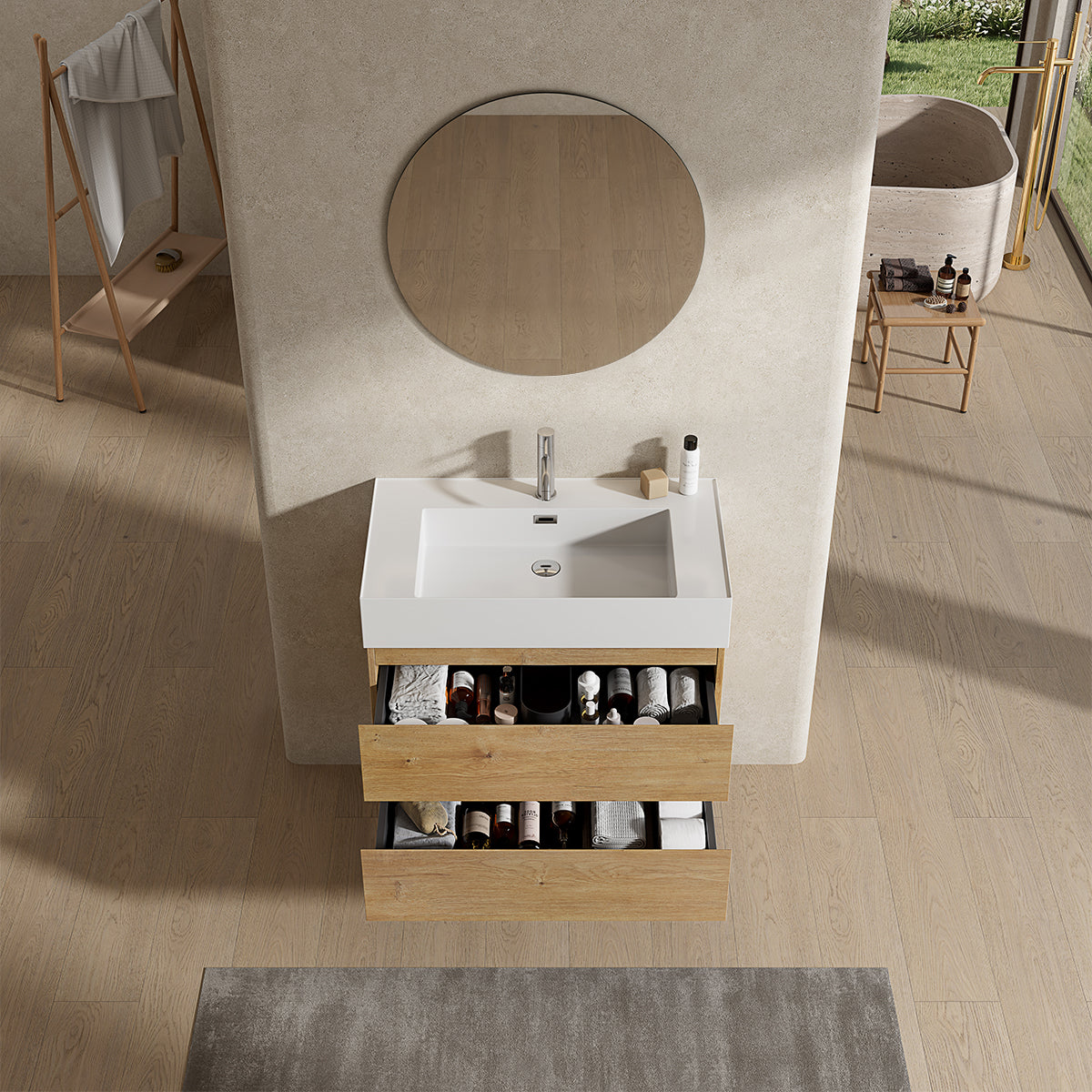 Mobile bagno sospeso 80 cm Bruno Medio Lavabo in Resina Specchio Tondo - Fiji Wood