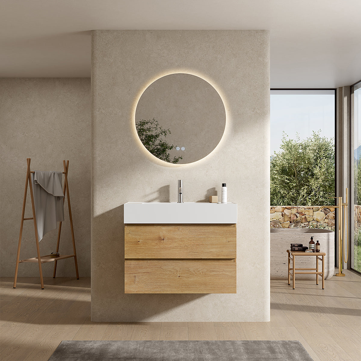 Mobile bagno sospeso 80 cm Bruno Medio Lavabo in Resina Specchio Tondo Retroilluminato - Fiji Wood