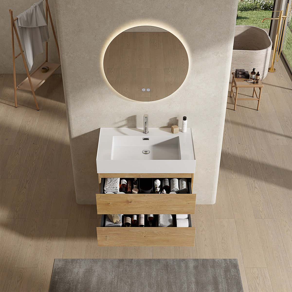 Mobile bagno sospeso 80 cm Bruno Medio Lavabo in Resina Specchio Tondo Retroilluminato - Fiji Wood