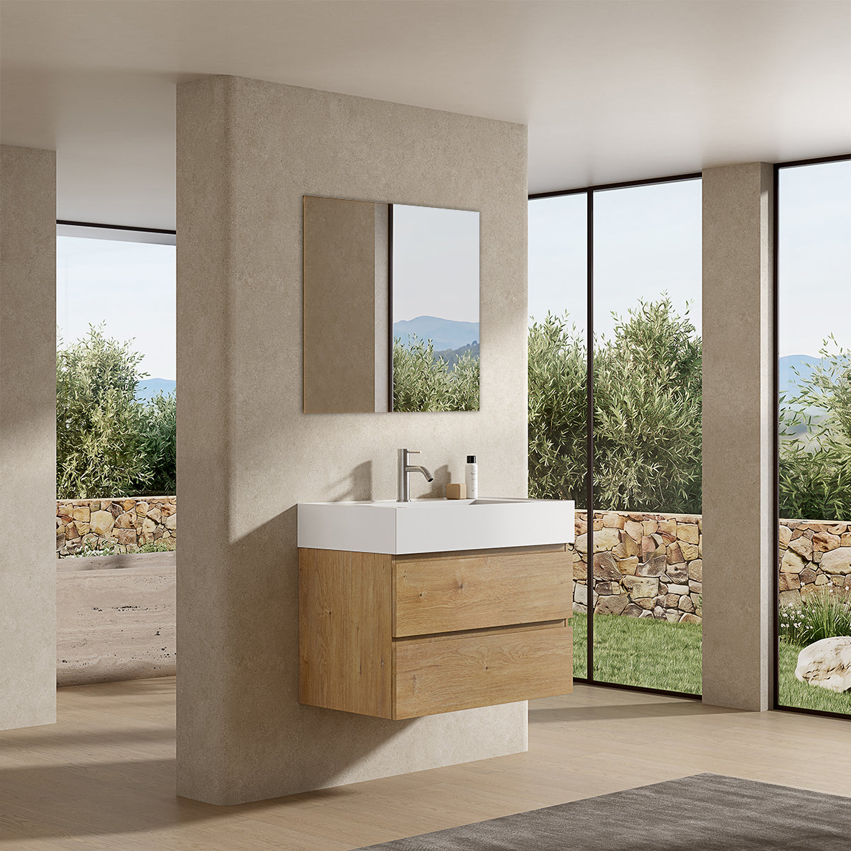 Mobile bagno sospeso 80 cm Bruno Medio Lavabo in Resina Specchio Quadro - Fiji Wood