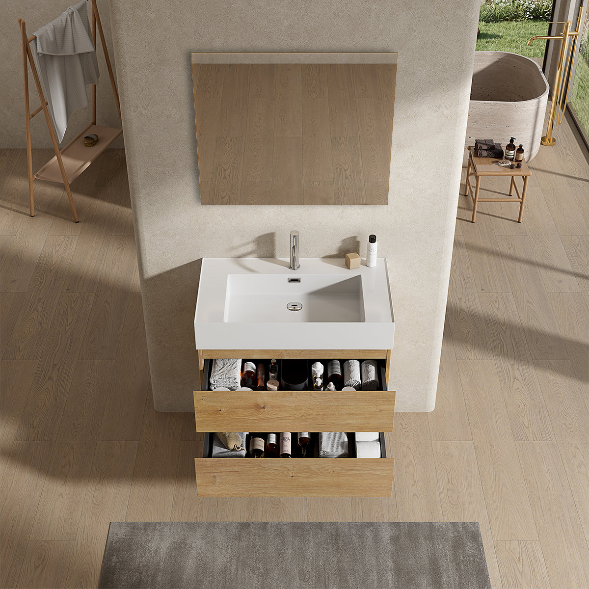 Mobile bagno sospeso 80 cm Bruno Medio Lavabo in Resina Specchio Quadro - Fiji Wood
