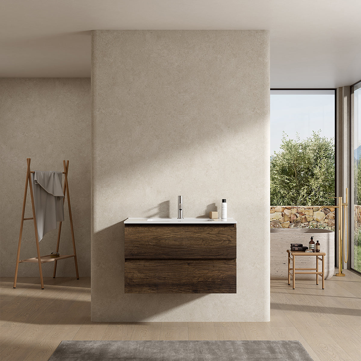 Mobile bagno sospeso 80 cm Bruno Scuro Lavabo in Ceramica Senza Specchio - Fiji Wood