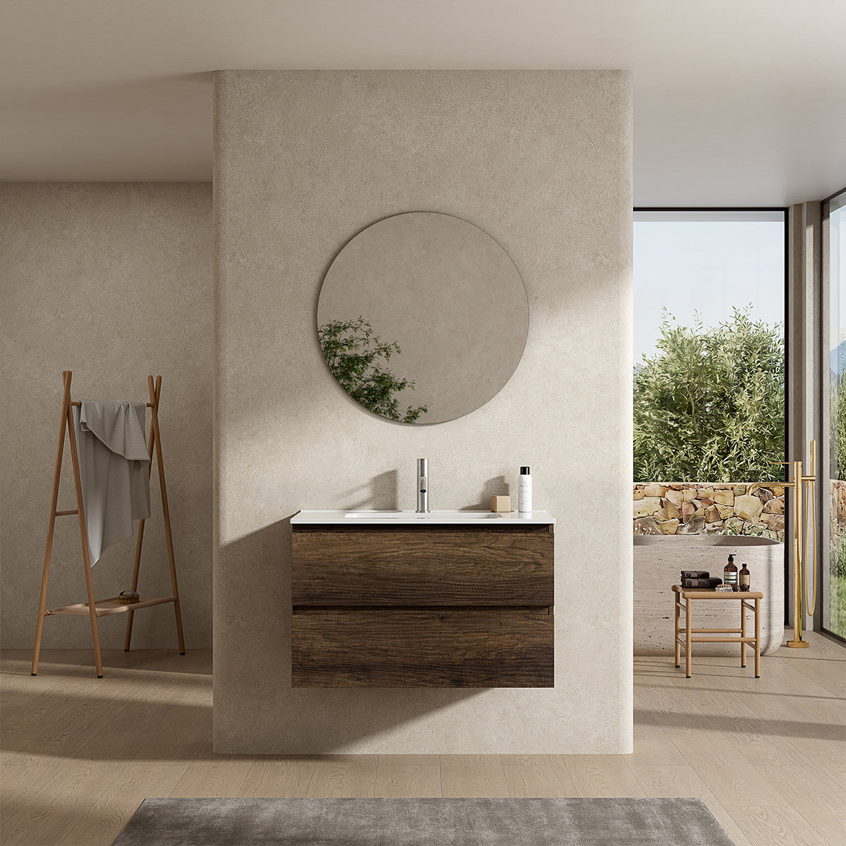 Mobile bagno sospeso 80 cm Bruno Scuro Lavabo in Ceramica Specchio Tondo - Fiji Wood