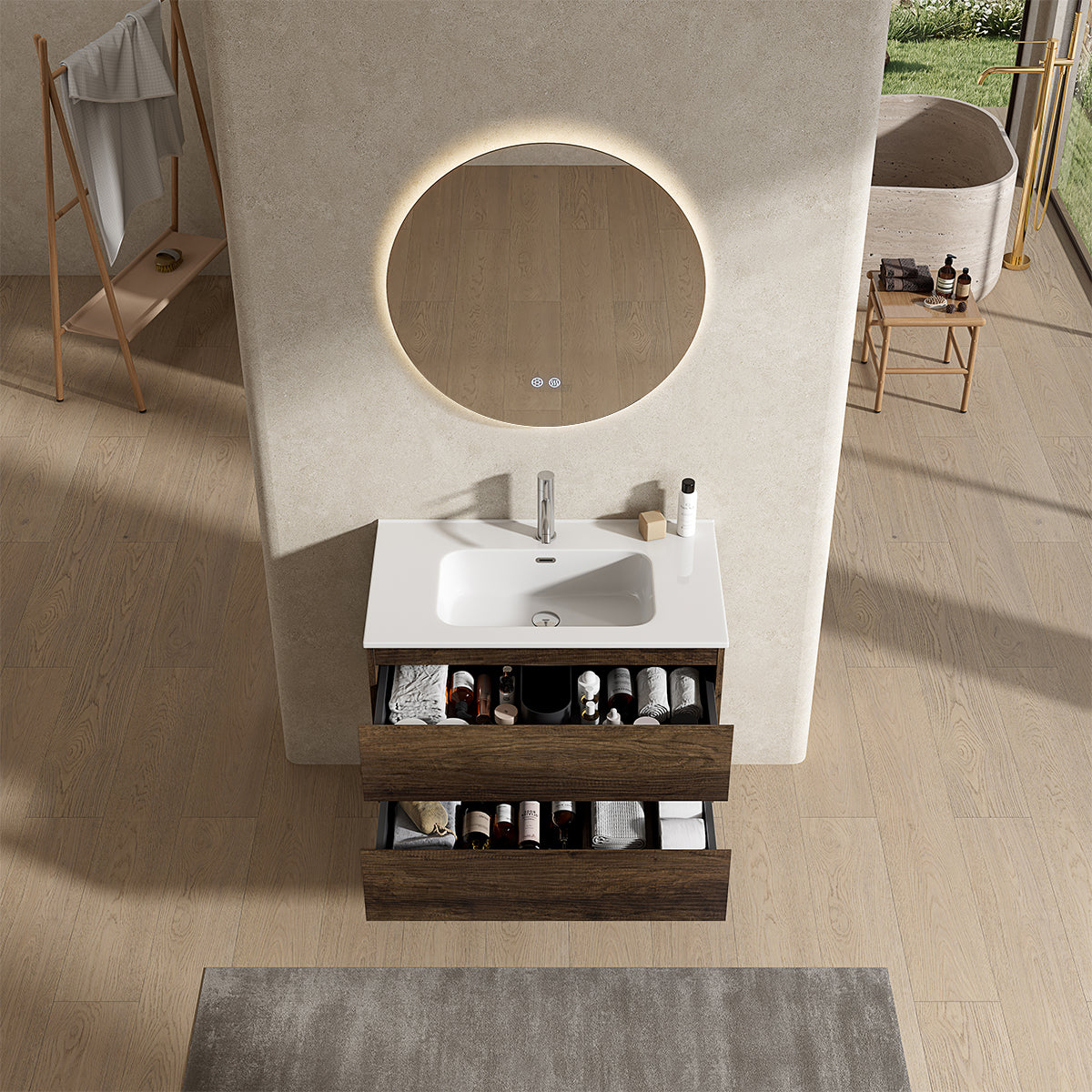 Mobile bagno sospeso 80 cm Bruno Scuro Lavabo in Ceramica Specchio Tondo Retroilluminato - Fiji Wood