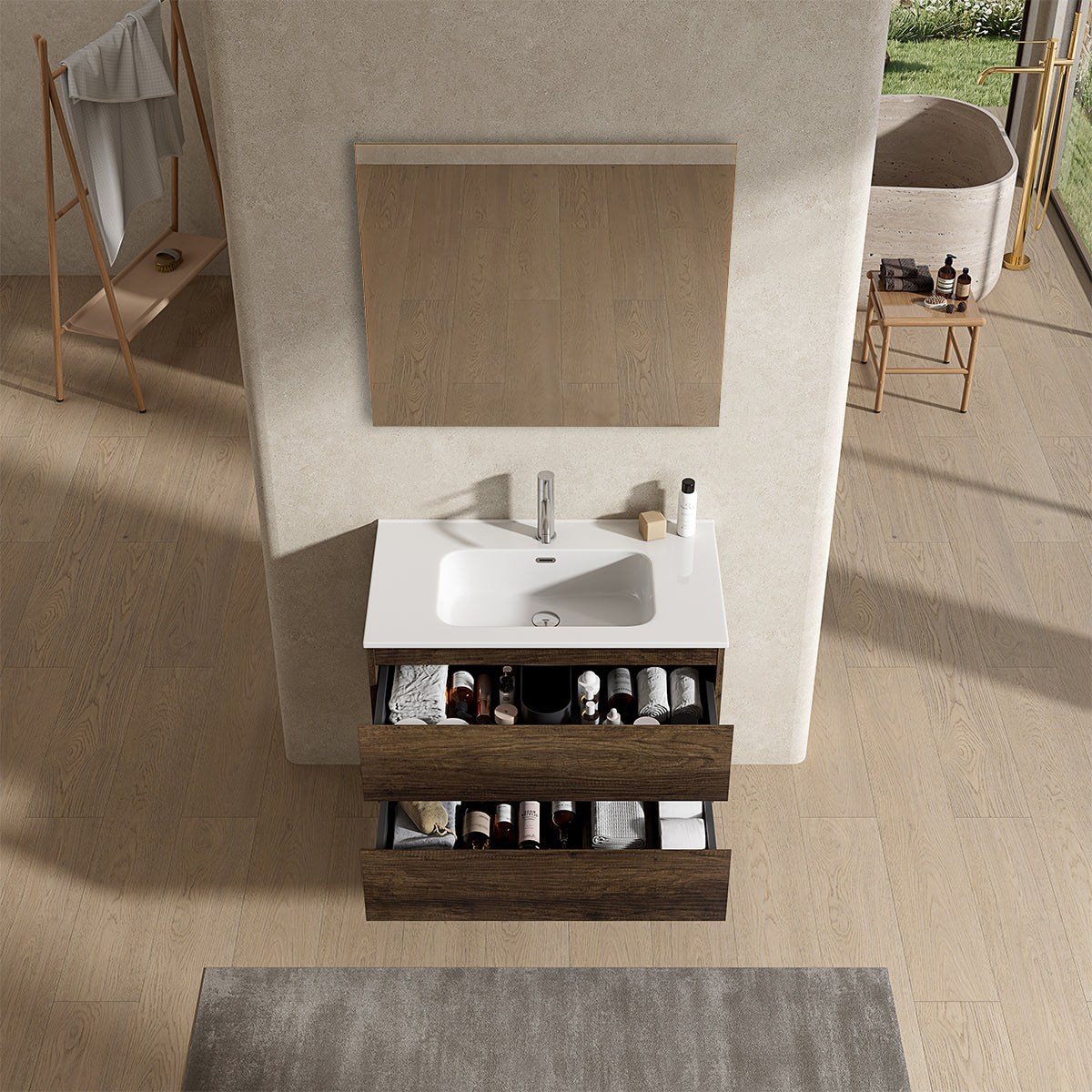 Mobile bagno sospeso 80 cm Bruno Scuro Lavabo in Ceramica Specchio Quadro - Fiji Wood