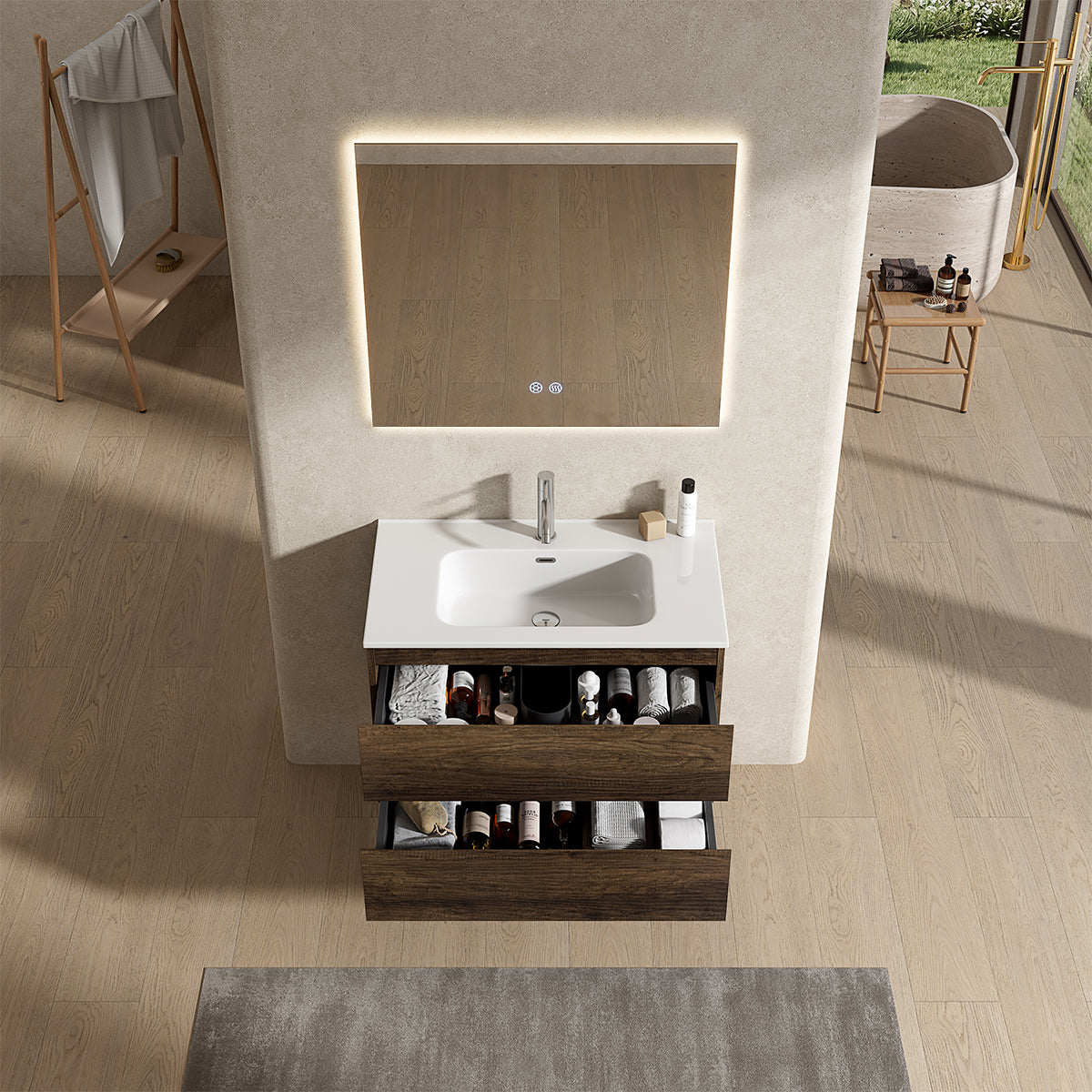 Mobile bagno sospeso 80 cm Bruno Scuro Lavabo in Ceramica Specchio Quadro Retroilluminato - Fiji Wood
