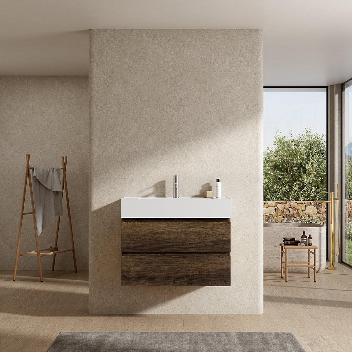 Mobile bagno sospeso 80 cm Bruno Scuro Lavabo in Resina Senza Specchio - Fiji Wood