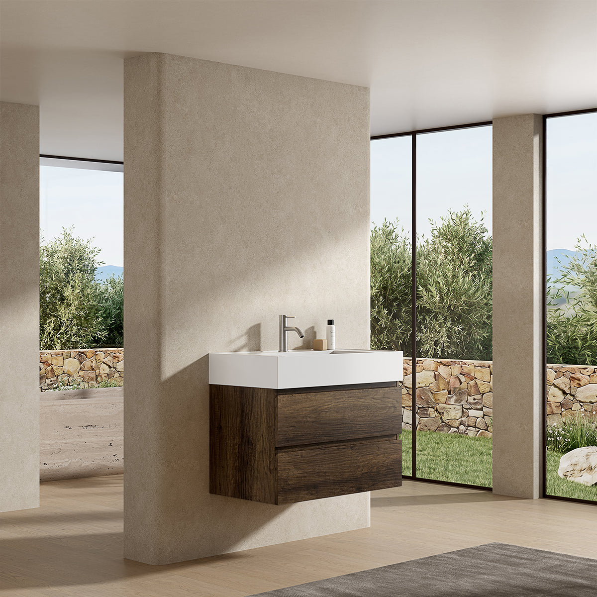 Mobile bagno sospeso 80 cm Bruno Scuro Lavabo in Resina Senza Specchio - Fiji Wood