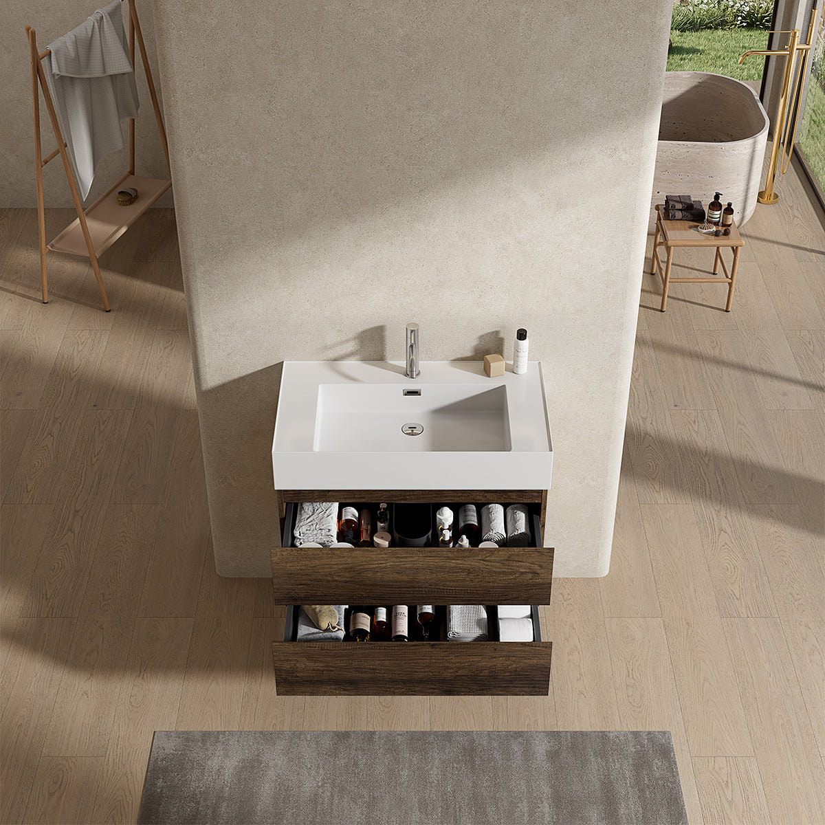 Mobile bagno sospeso 80 cm Bruno Scuro Lavabo in Resina Senza Specchio - Fiji Wood