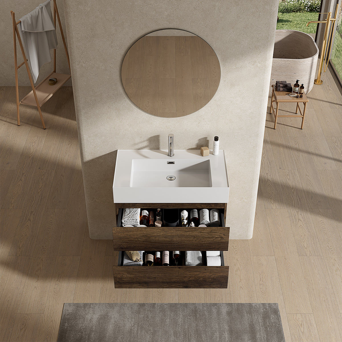 Mobile bagno sospeso 80 cm Bruno Scuro Lavabo in Resina Specchio Tondo - Fiji Wood