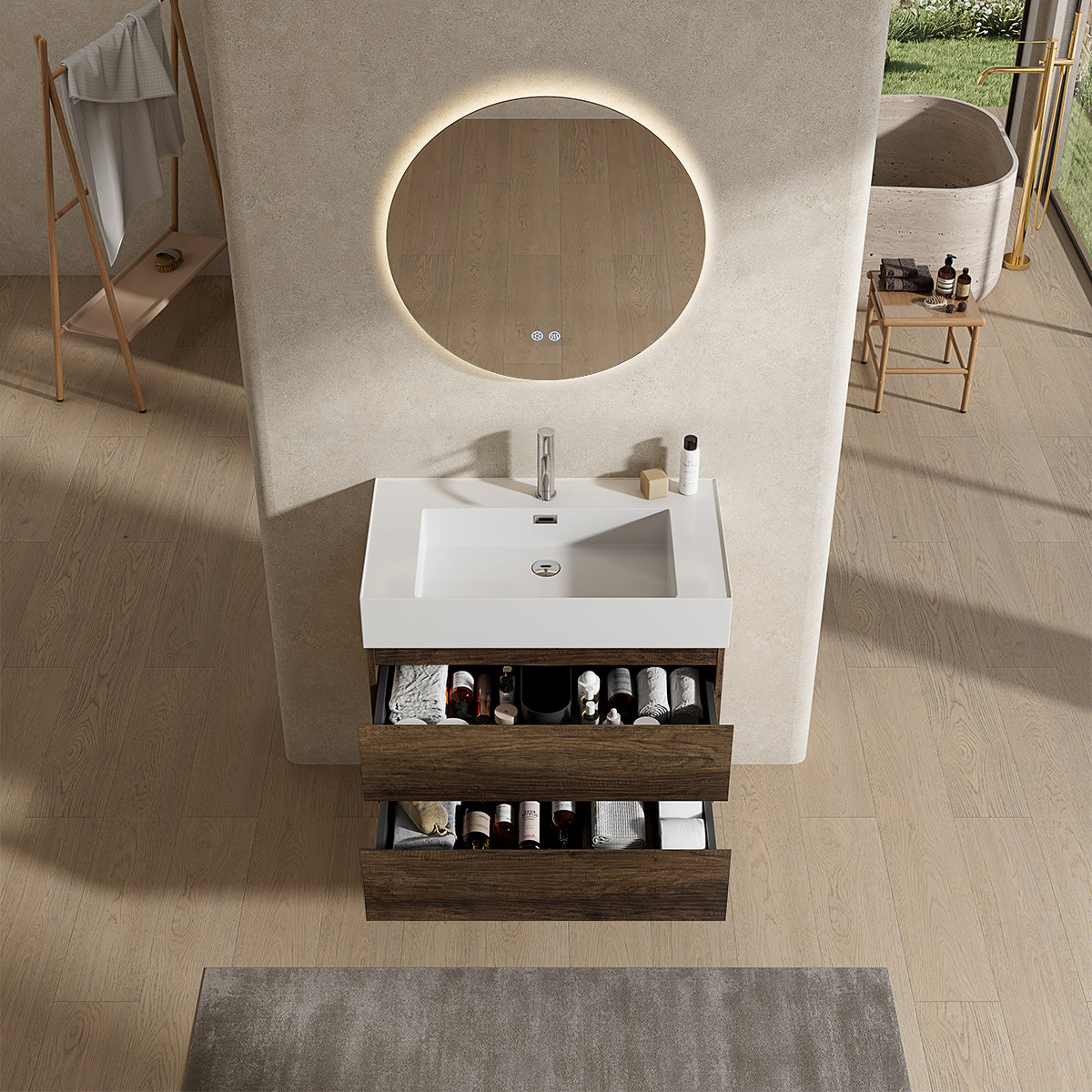 Mobile bagno sospeso 80 cm Bruno Scuro Lavabo in Resina Specchio Tondo Retroilluminato - Fiji Wood