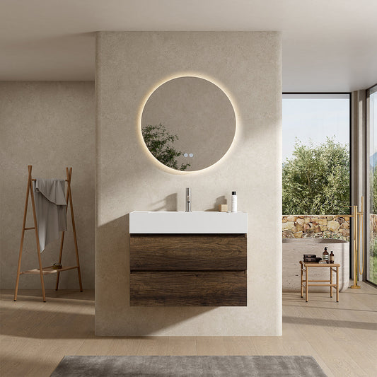 Mobile bagno sospeso 80 cm Bruno Scuro Lavabo in Resina Specchio Tondo Retroilluminato - Fiji Wood