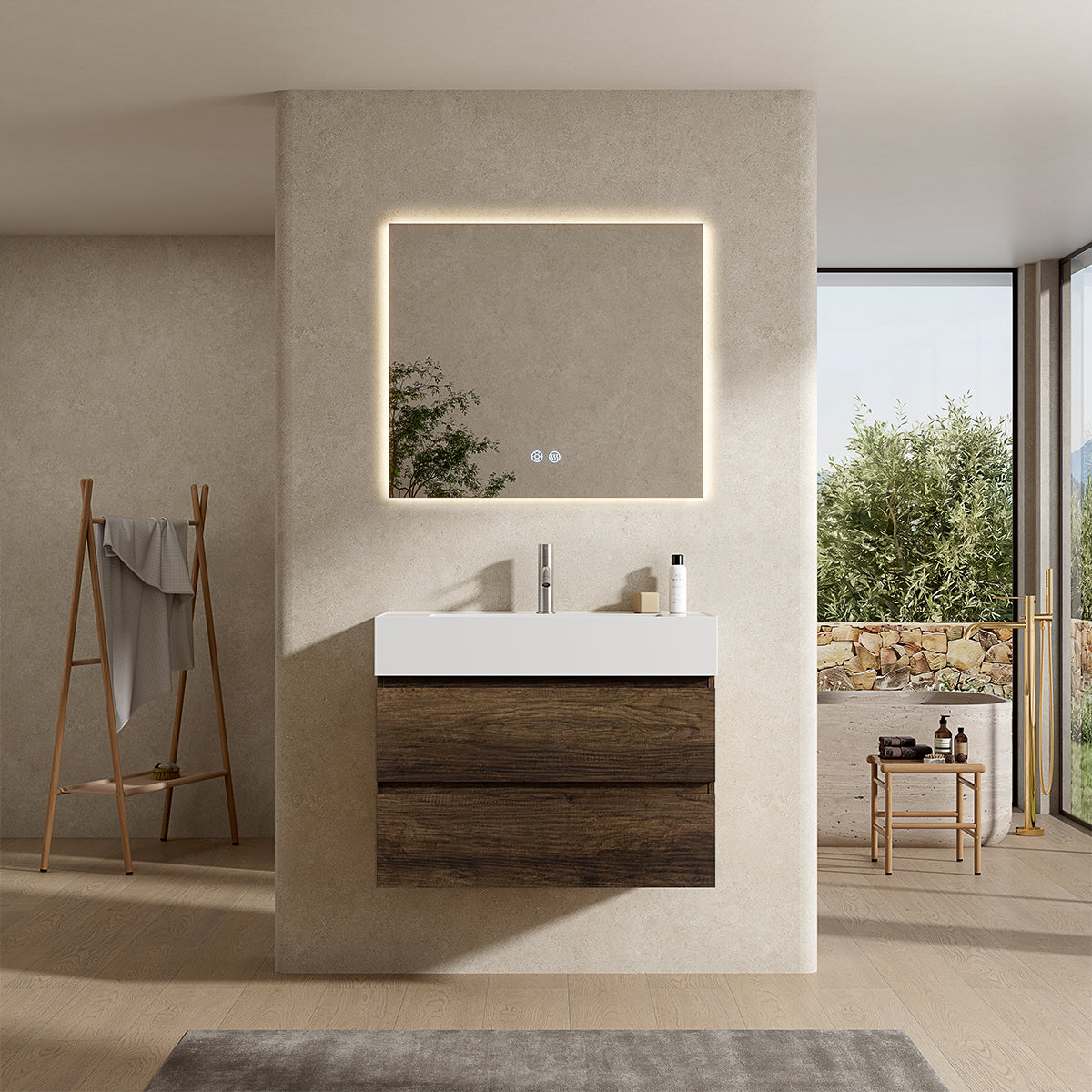 Mobile bagno sospeso 80 cm Bruno Scuro Lavabo in Resina Specchio Quadro Retroilluminato - Fiji Wood