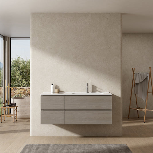 Mobile bagno sospeso 120 cm Beige Lavabo a Destra in Ceramica Senza Specchio - Fiji Wood