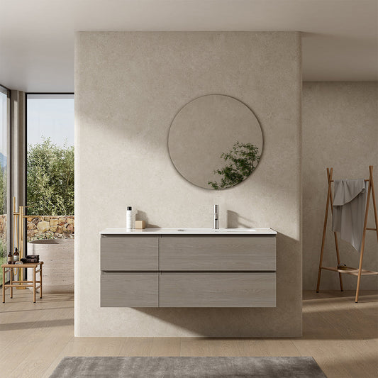 Mobile bagno sospeso 120 cm Beige Lavabo a Destra in Ceramica Specchio Tondo - Fiji Wood