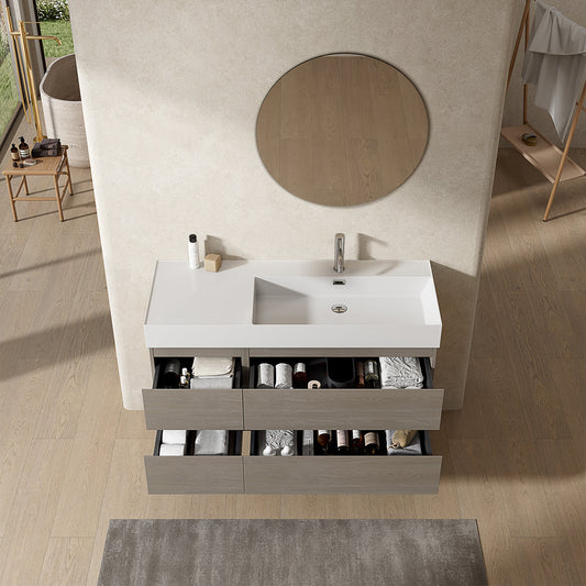 Mobile bagno sospeso 120 cm Beige Lavabo a Destra in Resina Specchio Tondo - Fiji Wood