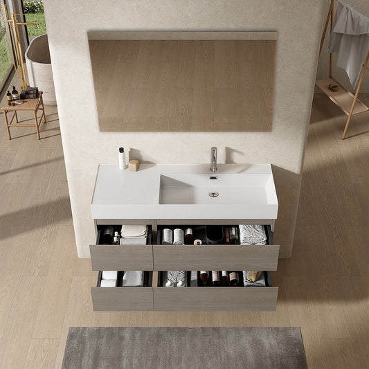 Mobile bagno sospeso 120 cm Beige Lavabo a Destra in Resina Specchio Quadro - Fiji Wood