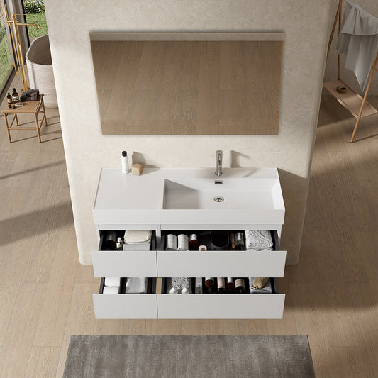 Mobile bagno sospeso 120 cm Bianco Lavabo a Destra in Resina Specchio Quadro - Fiji Wood
