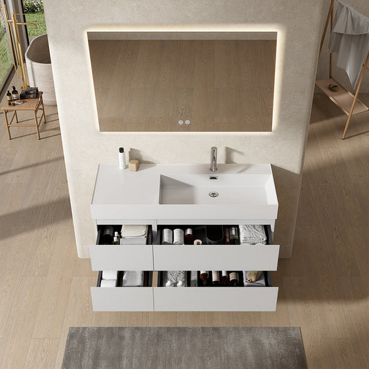 Mobile bagno sospeso 120 cm Bianco Lavabo a Destra in Resina Specchio Quadro Retroilluminato - Fiji Wood