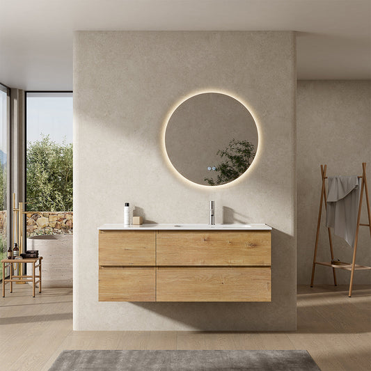 Mobile bagno sospeso 120 cm Bruno Medio Lavabo a Destra in Ceramica Specchio Tondo Retroilluminato - Fiji Wood