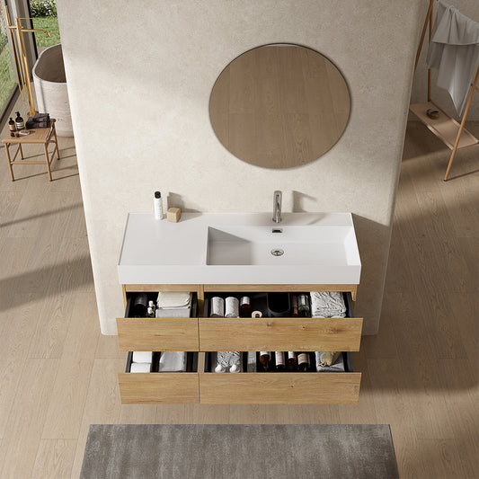 Mobile bagno sospeso 120 cm Bruno Medio Lavabo a Destra in Resina Specchio Tondo - Fiji Wood