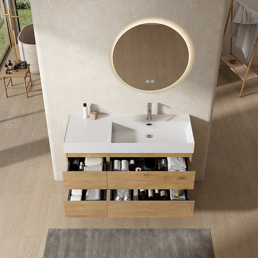 Mobile bagno sospeso 120 cm Bruno Medio Lavabo a Destra in Resina Specchio Tondo Retroilluminato - Fiji Wood