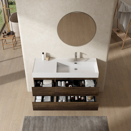 Mobile bagno sospeso 120 cm Bruno Scuro Lavabo a Destra in Resina Specchio Tondo - Fiji Wood