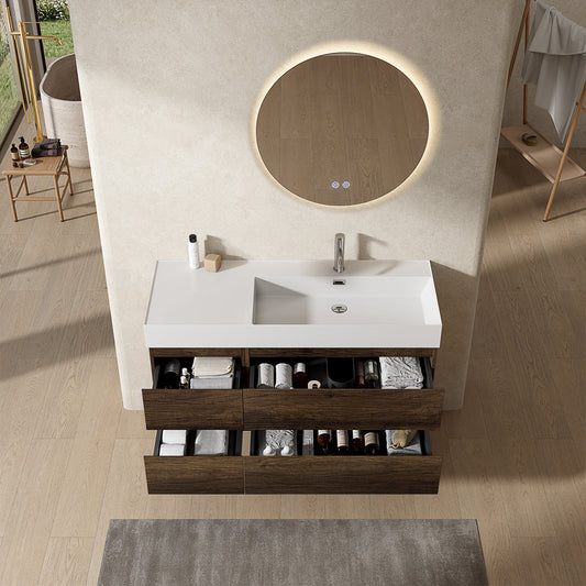 Mobile bagno sospeso 120 cm Bruno Scuro Lavabo a Destra in Resina Specchio Tondo Retroilluminato - Fiji Wood