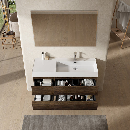 Mobile bagno sospeso 120 cm Bruno Scuro Lavabo a Destra in Resina Specchio Quadro - Fiji Wood