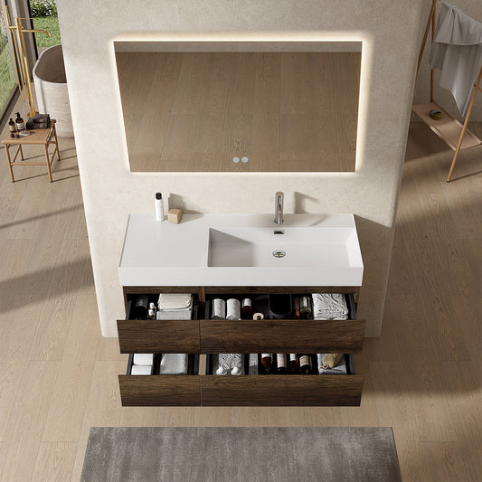 Mobile bagno sospeso 120 cm Bruno Scuro Lavabo a Destra in Resina Specchio Quadro Retroilluminato - Fiji Wood