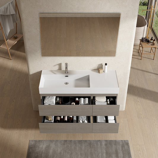 Mobile bagno sospeso 120 cm Beige Lavabo a Sinistra in Resina Specchio Quadro - Fiji Wood