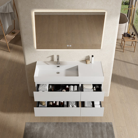 Mobile bagno sospeso 120 cm Bianco Lavabo a Sinistra in Resina Specchio Quadro Retroilluminato - Fiji Wood