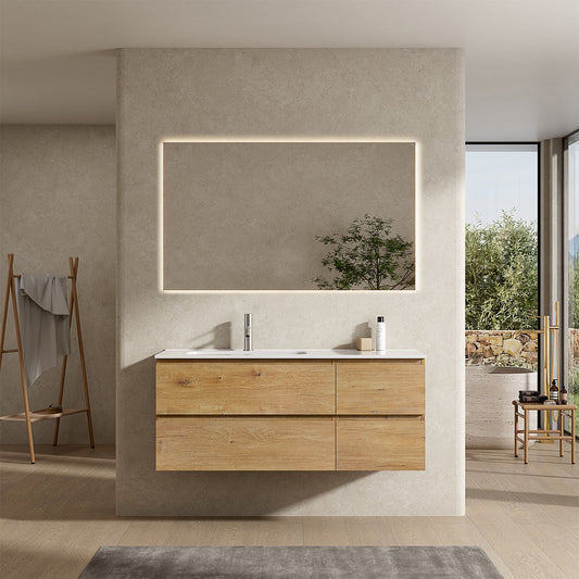 Mobile bagno sospeso 120 cm Bruno Medio Lavabo a Sinistra in Ceramica Specchio Quadro Retroilluminato - Fiji Wood