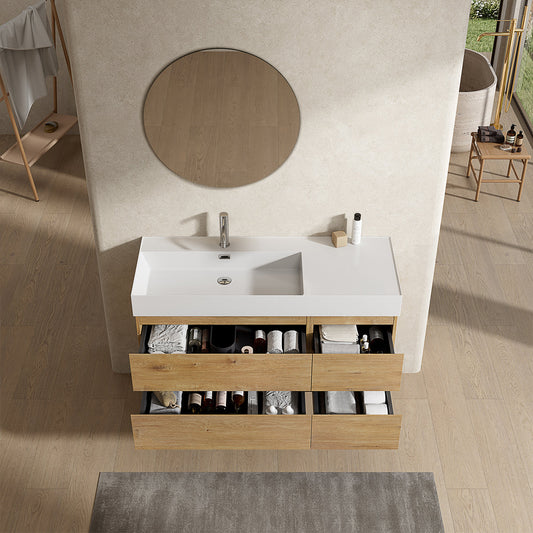 Mobile bagno sospeso 120 cm Bruno Medio Lavabo a Sinistra in Resina Specchio Tondo - Fiji Wood