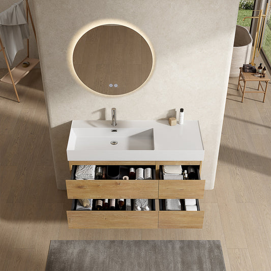 Mobile bagno sospeso 120 cm Bruno Medio Lavabo a Sinistra in Resina Specchio Tondo Retroilluminato - Fiji Wood