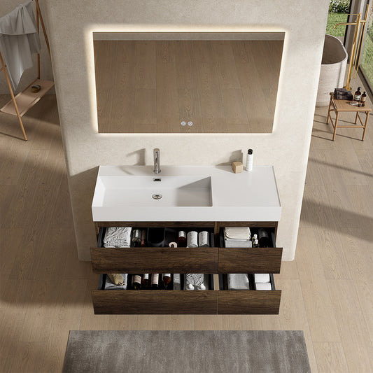 Mobile bagno sospeso 120 cm Bruno Scuro Lavabo a Sinistra in Resina Specchio Quadro Retroilluminato - Fiji Wood