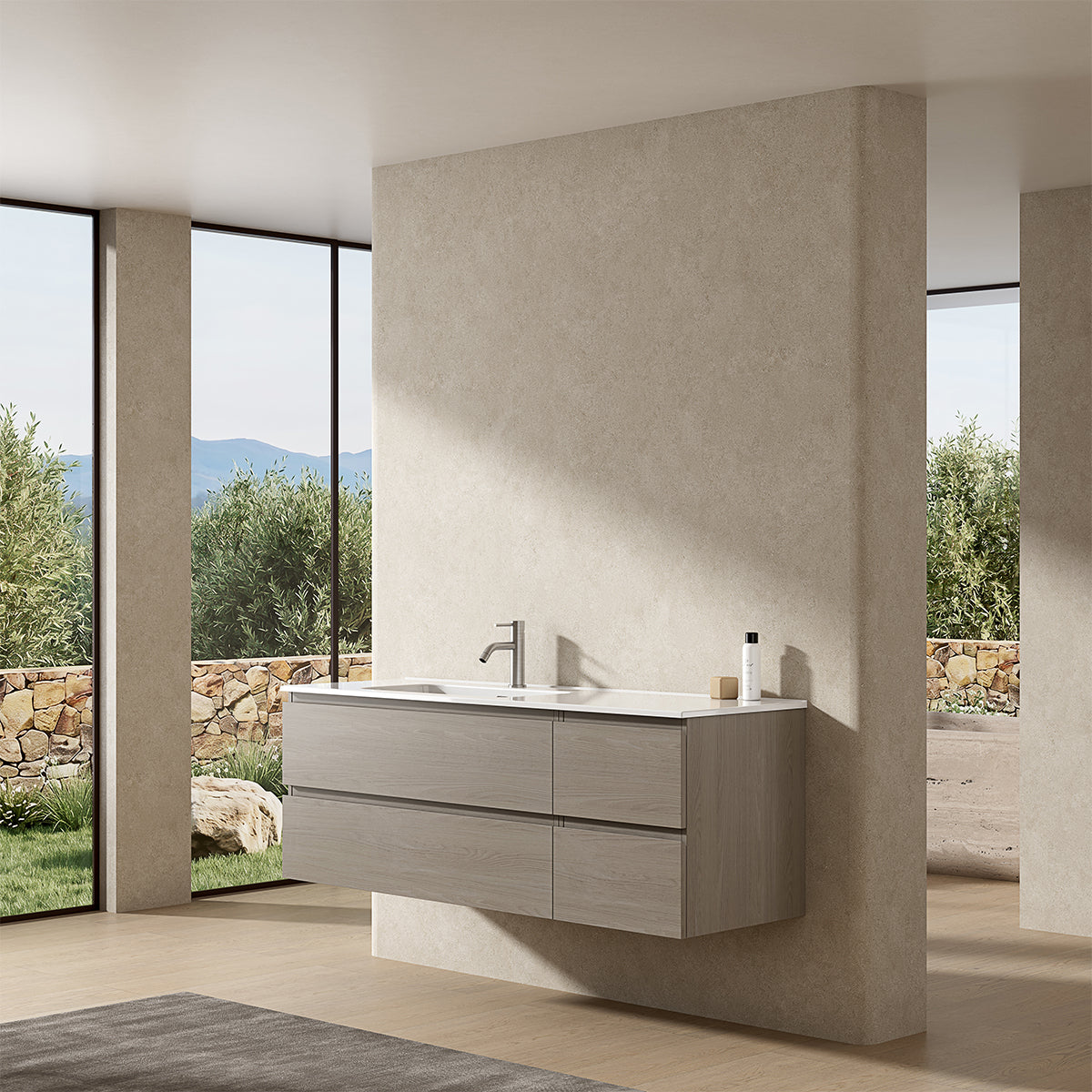 Mobile bagno sospeso 140 cm Beige Lavabo a Sinistra in Resina Senza Specchio - Fiji Wood